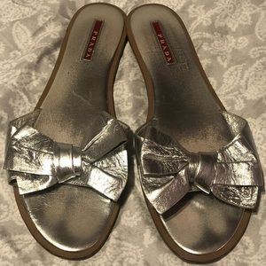 Prada Bow Slide Silver Leather Flat Size 40